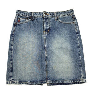 Vintage 00s Y2K l.e.i Med Wash Mid Rise Button Fly Denim Pencil Skirt Jr 7 30x18